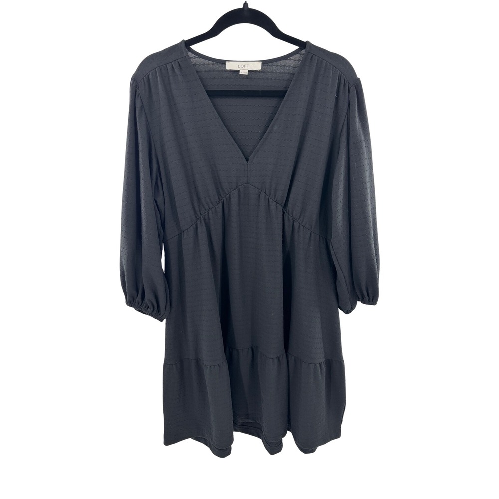 Loft Womens Black V-Neck Tiered Empire Waist Mini Dress Size 10 Puff Sleeve